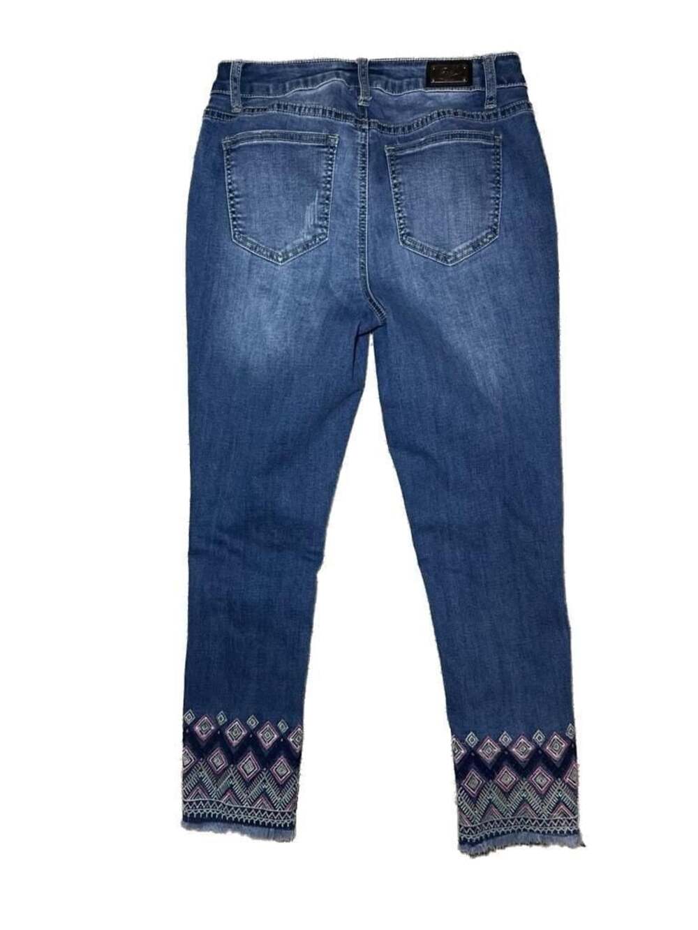 Earl Jeans Blue Denim Cropped Skinny Jeans with Embroidered Raw Hem - Picture 3 of 3